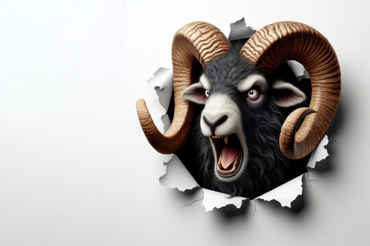 angry ram peeking out of hole in paper wall Isolated on white background.