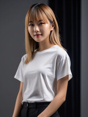 Fototapeta premium Studio Photoshoot Capturing a Smiling Asian Woman in a White T-Shirt. Perfect for T-Shirt Mockup and Fashion Marketing - Front View