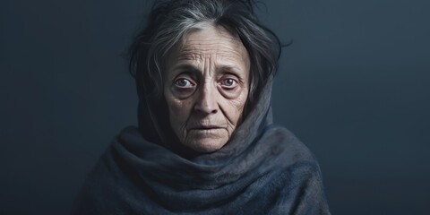 Indigo background sad European white Woman grandmother realistic person portrait of young beautiful...