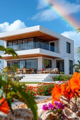 A modern luxury villa with vivid landscaping, featuring blooming gardens and a beautiful outdoor living space.