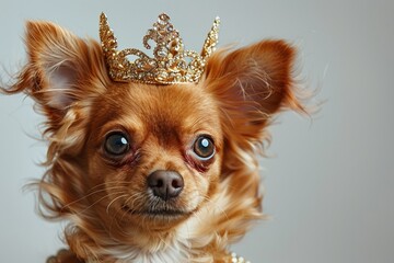 In a luxurious setting, a small Chihuahua wears a golden crown, exuding adorable charm.