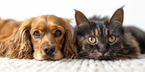 A charming portrait of a fluffy spaniel and a curious cat lying together, showcasing their adorable friendship.
