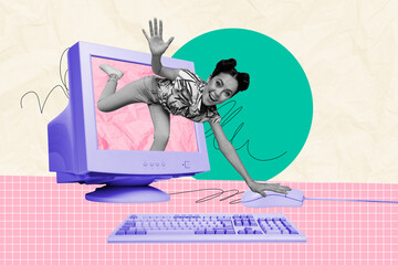 Composite photo collage of happy girl peek computer monitor screen hold mouse office tool freelance work isolated on painted background