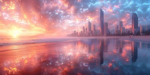 At dawn, the breathtaking skyline meets the ocean in a cityscape of towering skyscrapers.