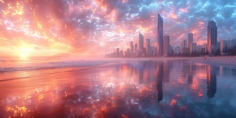 Fototapeta premium At dawn, the breathtaking skyline meets the ocean in a cityscape of towering skyscrapers.