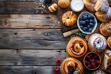 Sweet pastry with fruit on a wooden table.