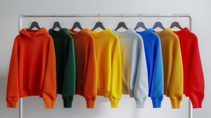 A selection of colorful knitted sweaters displayed on hangers on a metal clothing rack against a white background