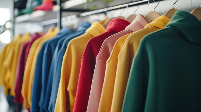 A variety of colorful hooded sweatshirts hang in a row on a clothing rack in a retail setting, representing casual fashion wear