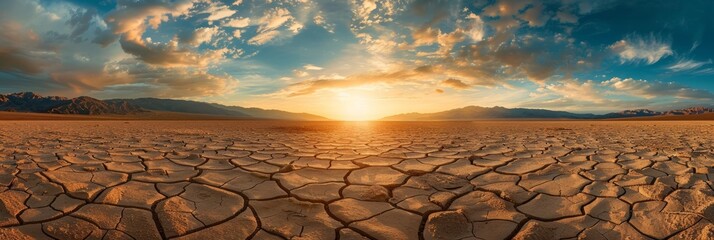 A panoramic view of a desert showing cracked earth as the sun sets in a vibrant sky. - Powered by Adobe