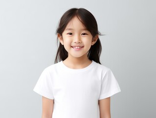 Ivory background Happy Asian child Portrait of young beautiful Smiling child good mood Isolated on backdrop ethnic diversity equality acceptance concept 