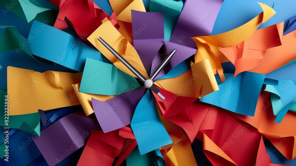 Poster a visually striking wall clock made from folded colorful paper in a radial pattern, showcasing a cre