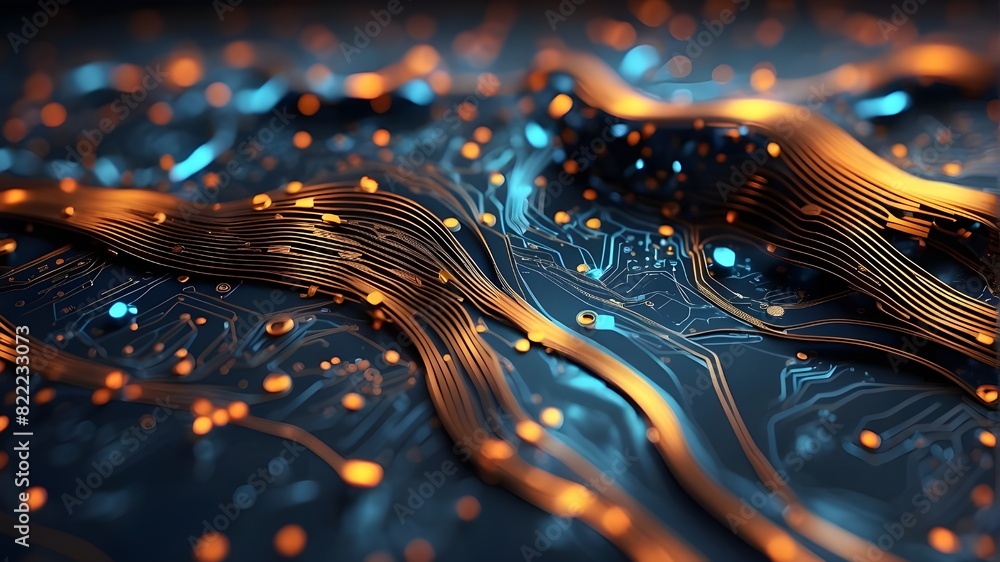 Poster circuit board texture background design in modern technologies. waves move. technology of quantum ex