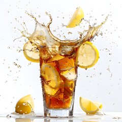 Refreshing iced tea with lemon slices splashing energetically from a tall glass