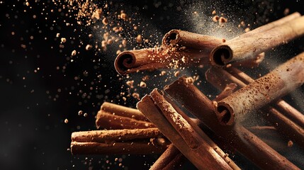 Cinnamon with powder explosion in the air isolated on black background - Powered by Adobe