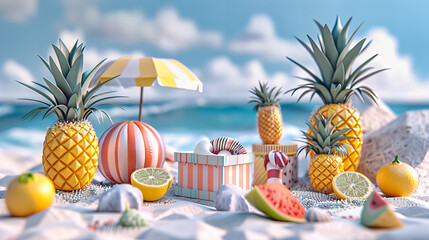 Tropical Beach Setting with Fresh Fruit and Sunglasses, Ideal for a Sunny Relaxation