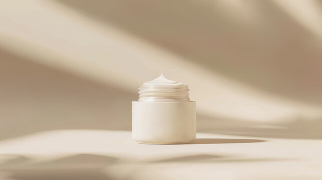 Advertising image of a cosmetic product, mockup of a jar of face or body cream, clean light beige background, soft lighting and shadow.