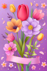 Realistic spring illustration with flowers and ribbon, card, copy space.