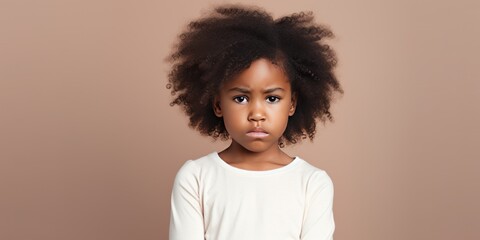 Ivory background sad black American African child Portrait of young beautiful kid Isolated...