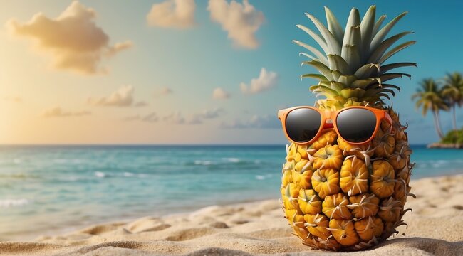 A cheerful Funny pineapple fruit character with large yellow sunglasses