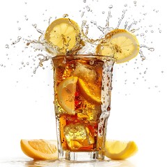 Refreshing lemon iced tea splashing with lemon slices in a tall glass