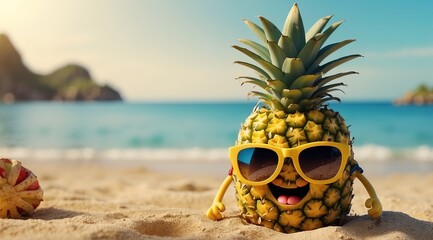 A cheerful Funny pineapple fruit character with large yellow sunglasses - Powered by Adobe