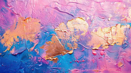 Brush strokes, creative, flat, pink, blue and gold. Bright abstract pattern. Interior painting for wall decor.
