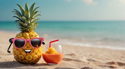 A cheerful Funny pineapple fruit character with large yellow sunglasses