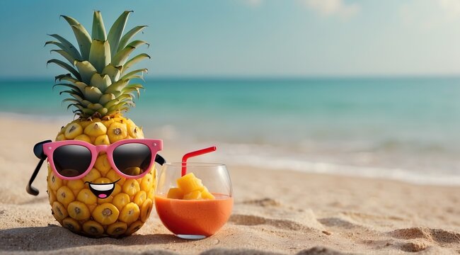 A cheerful Funny pineapple fruit character with large yellow sunglasses - Powered by Adobe