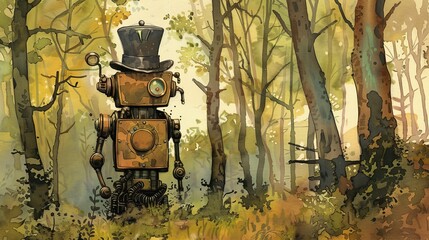 Steampunk robot in a forest for fantasy or adventure themed designs