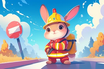 cartoon illustration, a firefighter rabbit