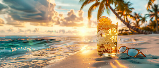 Tropical Beach Sunset with Refreshing Cocktails, Palms and Waves in a Relaxing Holiday Setting