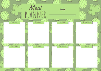 Weekly meal planner template with a pattern of berries and gooseberry leaves for A4 sheet format