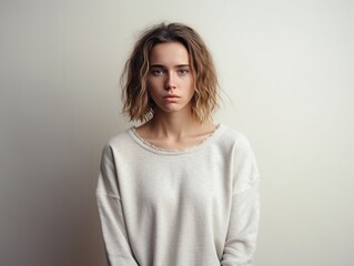 Ivory background sad european white Woman realistic person portrait of young beautiful bad mood expression Woman Isolated on Background 