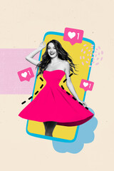 Vertical photo collage of beautiful girl wear fashion dress go iphone screen blogging like popular reaction isolated on painted background