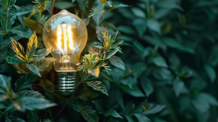 Eco friendly lightbulb from fresh leaves top vie, concept of Renewable Energy and Sustainable Living.
