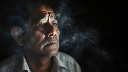 A deeply contemplative elderly man with a pensive gaze, enveloped in a thick cloud of smoke, lit by dim lighting.