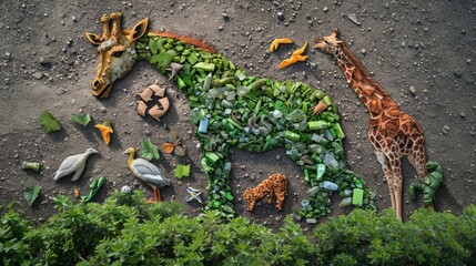 Creatively designed giraffe sculpture crafted from various recycled materials surrounded by lush greenery, highlighting environmental awareness.