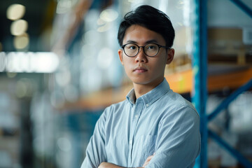 Fototapeta premium Dynamic composition of determined young Asian entrepreneur supervising warehouse operations, exemplifying leadership and efficiency in logistics management.