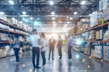 Workers standing together in an industrial warehouse setting