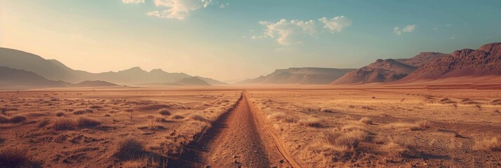 Long dirt road leading into a vast desert landscape with distant mountains.