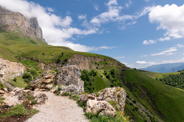 View from the Tsey Loam pass. In the upper reaches of the Dzheyrakh gorge. Republic of Ingushetia,...