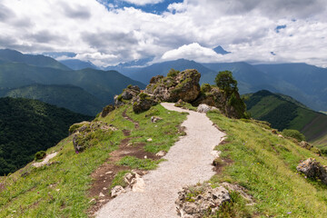 View from the Tsey Loam pass. In the upper reaches of the Dzheyrakh gorge. Republic of Ingushetia,...