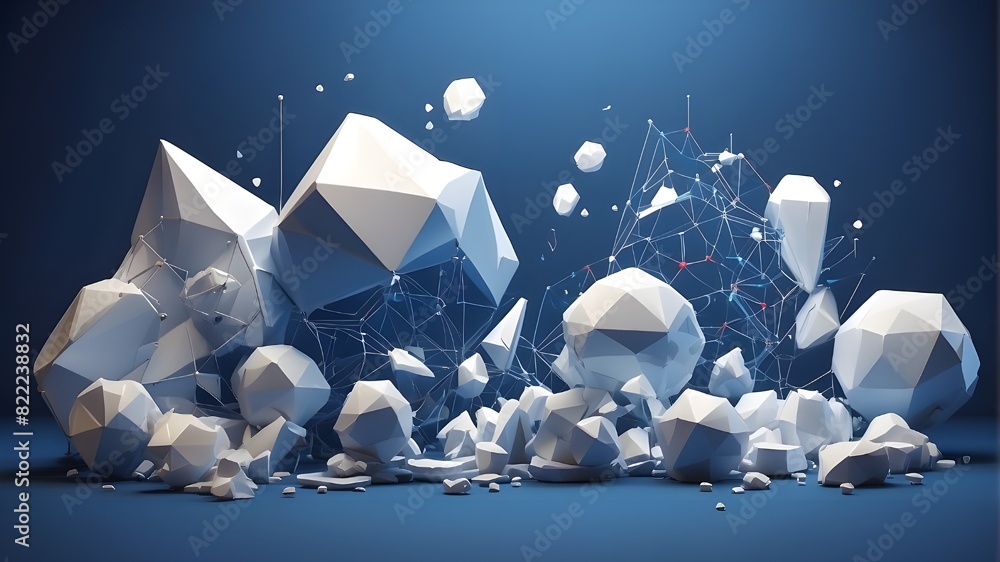 Poster polygonal forms and abstract future technologies set against a deep blue backdrop. create an idea fo
