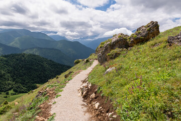 View from the Tsey Loam pass. In the upper reaches of the Dzheyrakh gorge. Republic of Ingushetia,...
