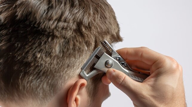 Clippers in action cutting hair short, top view, isolated white background, studio lighting for advertising clean and precise men's hairstyles like crew cuts