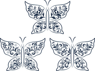 Set Butterflies Black Contours with a Floral Pattern on White Background. Vector