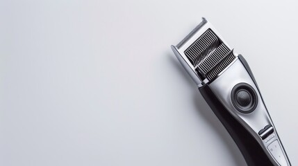 Clippers cutting hair close to the scalp from above, isolated on a white background, studio lighting highlighting adjustable blade guards for advertising