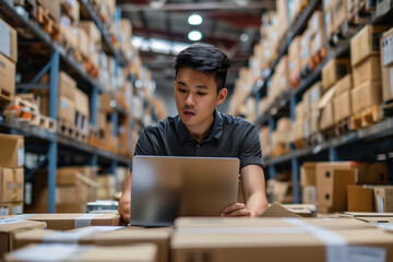 High-angle shot of determined young Asian entrepreneur reviewing inventory records on laptop, showcasing professionalism and attention to detail in logistics management.