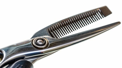 Clippers cutting hair short from a top view, isolated white background with professional studio lighting, perfect for advertising uniform and precise men's haircuts