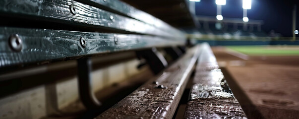 A close-up of the baseball dugout at night, empty and silent, showing detailed textures of the bench and equipment under ambient stadium lights, with copy space in the shadowed background.